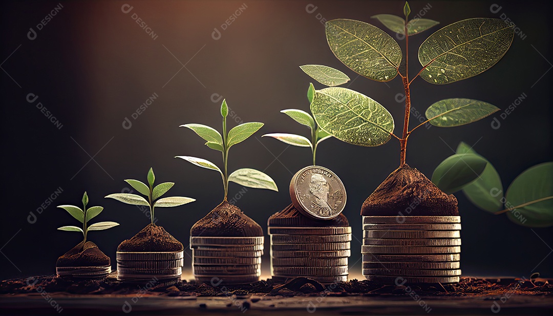 Fileira de pilhas de moedas com uma planta crescendo nelas. Folha de árvore em moedas de economia de dinheiro, finanças empresariais, salvando o conceito de investimento bancário.