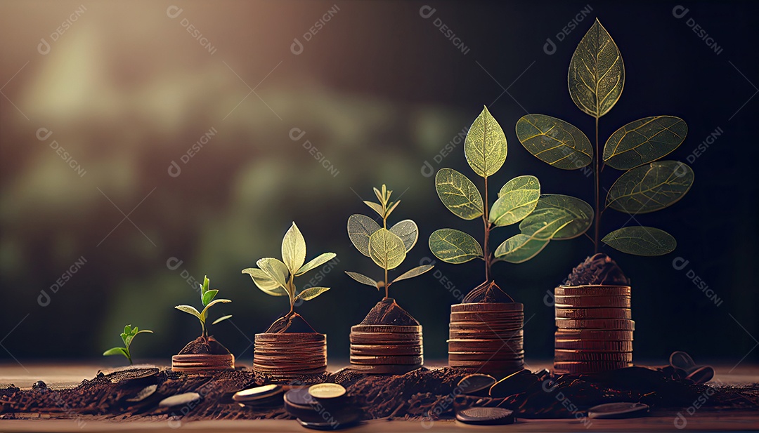 Fileira de pilhas de moedas com uma planta crescendo nelas. Folha de árvore em moedas de economia de dinheiro, finanças empresariais, salvando o conceito de investimento bancário.