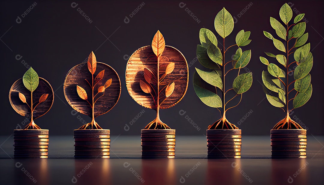 Fileira de pilhas de moedas com uma planta crescendo nelas. Folha de árvore em moedas de economia de dinheiro, finanças empresariais, salvando o conceito de investimento bancário.