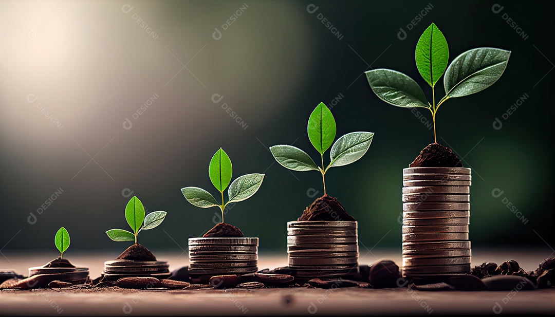Fileira de pilhas de moedas com uma planta crescendo nelas. Folha de árvore em moedas de economia de dinheiro, finanças empresariais, salvando o conceito de investimento bancário.
