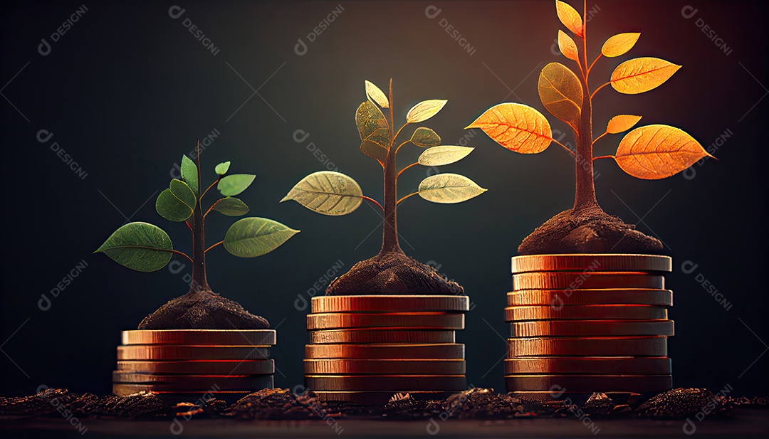 Fileira de pilhas de moedas com uma planta crescendo nelas. Folha de árvore em moedas de economia de dinheiro, finanças empresariais, salvando o conceito de investimento bancário.