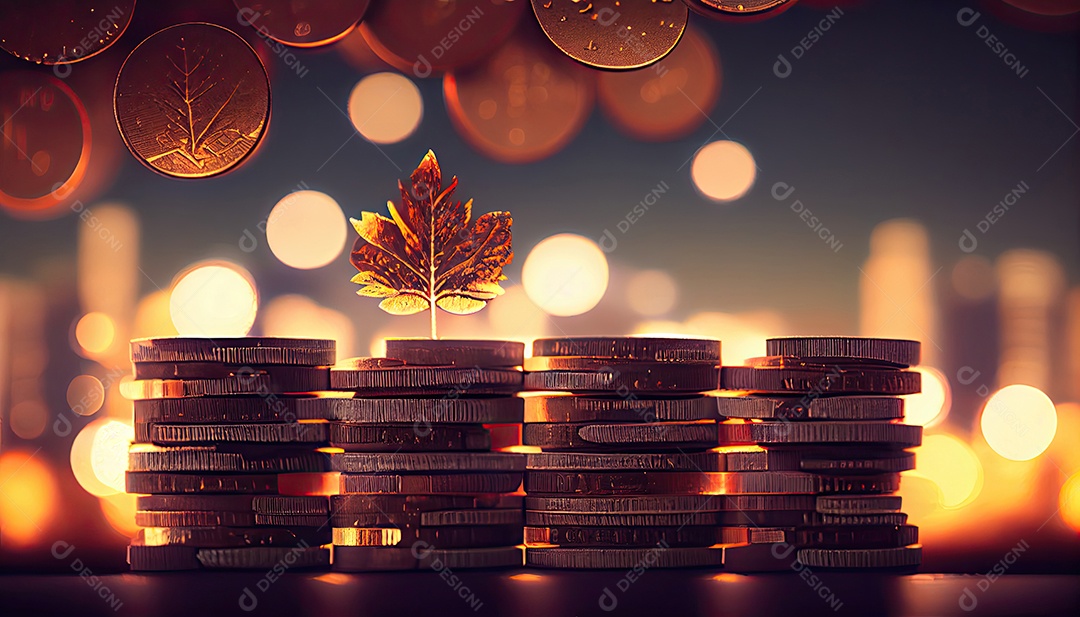 Fileira de pilhas de moedas com uma planta crescendo nelas. Folha de árvore em moedas de economia de dinheiro, finanças empresariais, salvando o conceito de investimento bancário.