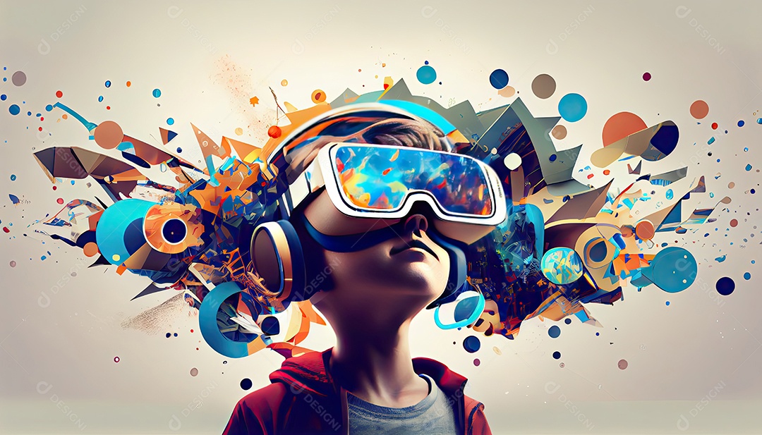 Design de colagem de conceito Metaverso AI com uso de fone de ouvido VR com tecnologia futurista de óculos inteligentes.