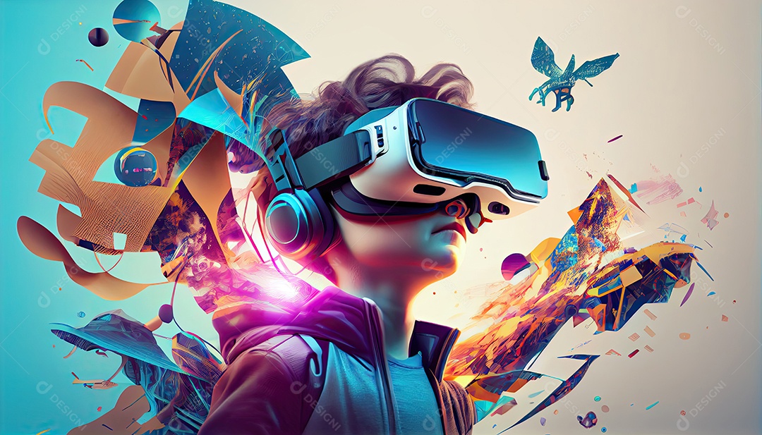 Design de colagem de conceito Metaverso AI com uso de fone de ouvido VR com tecnologia futurista de óculos inteligentes.