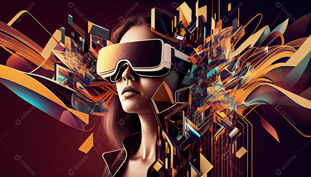 Design de colagem de conceito Metaverso AI com uso de fone de ouvido VR com tecnologia futurista de óculos inteligentes.