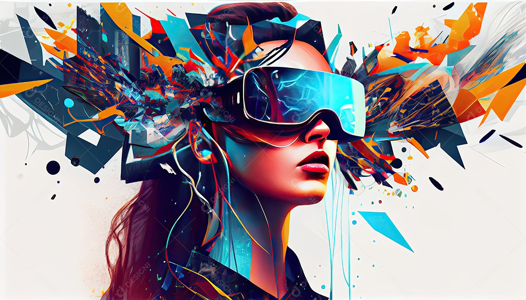 Design de colagem de conceito Metaverso AI com uso de fone de ouvido VR com tecnologia futurista de óculos inteligentes.