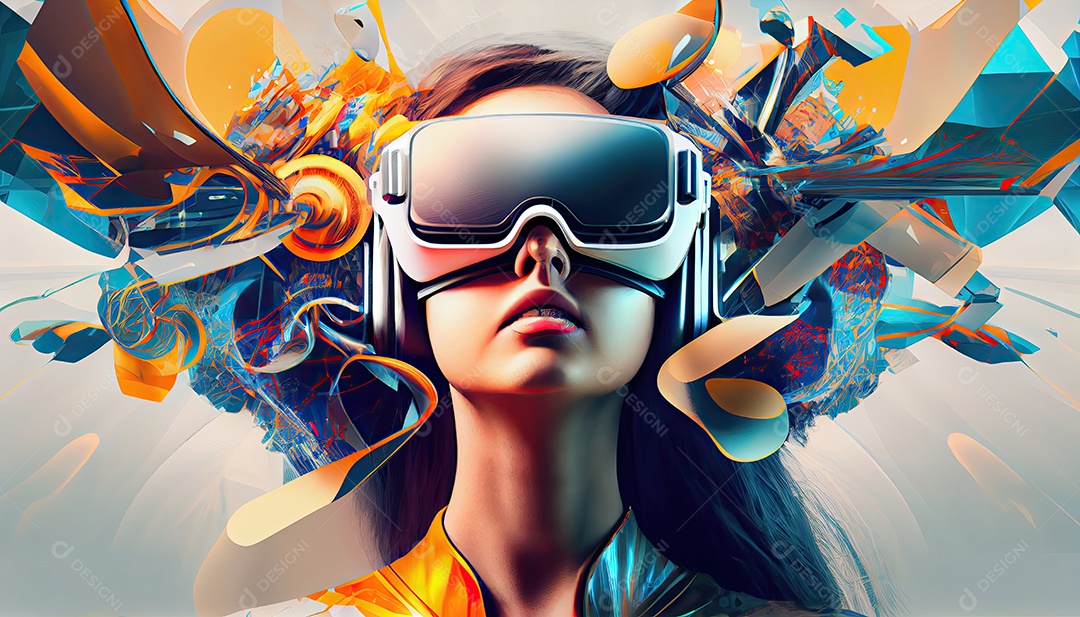 Design de colagem de conceito Metaverso AI com uso de fone de ouvido VR com tecnologia futurista de óculos inteligentes.