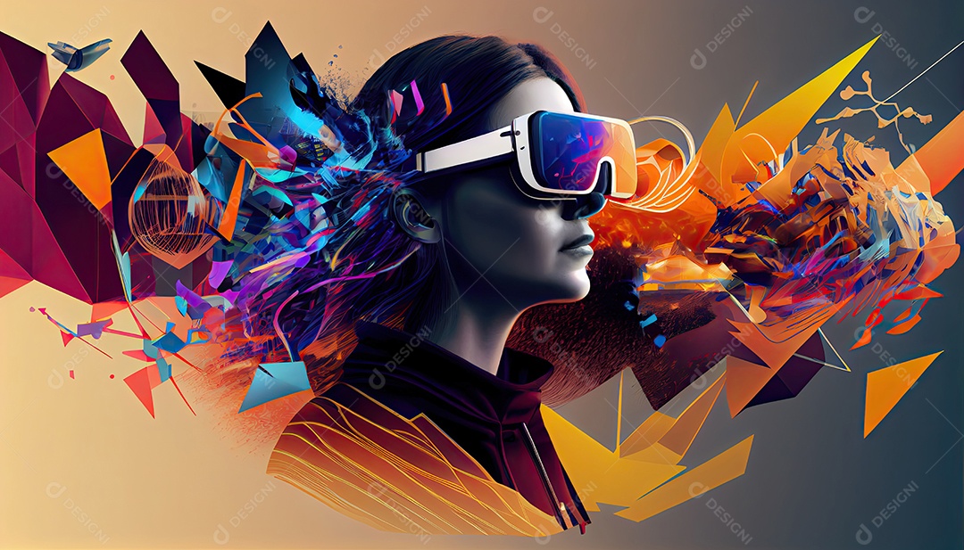 Design de colagem de conceito Metaverso AI com uso de fone de ouvido VR com tecnologia futurista de óculos inteligentes.