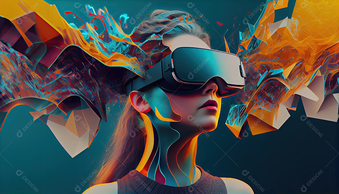 Design de colagem de conceito Metaverso AI com uso de fone de ouvido VR com tecnologia futurista de óculos inteligentes.