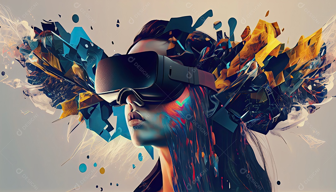 Design de colagem de conceito Metaverso AI com uso de fone de ouvido VR com tecnologia futurista de óculos inteligentes.