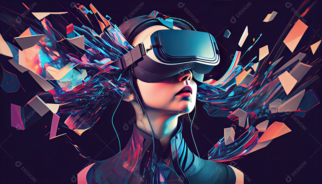 Design de colagem de conceito Metaverso AI com uso de fone de ouvido VR com tecnologia futurista de óculos inteligentes.