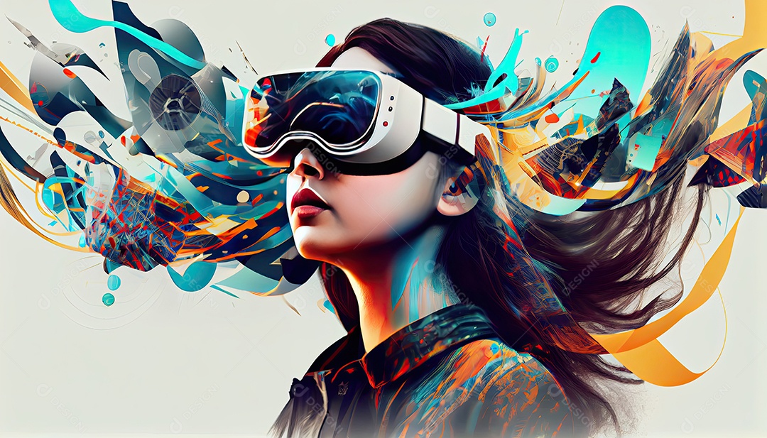 Design de colagem de conceito Metaverso AI com uso de fone de ouvido VR com tecnologia futurista de óculos inteligentes.