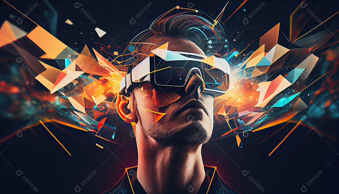 Design de colagem de conceito Metaverso AI com uso de fone de ouvido VR com tecnologia futurista de óculos inteligentes.