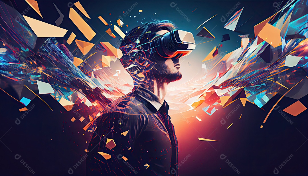 Design de colagem de conceito Metaverso AI com uso de fone de ouvido VR com tecnologia futurista de óculos inteligentes.