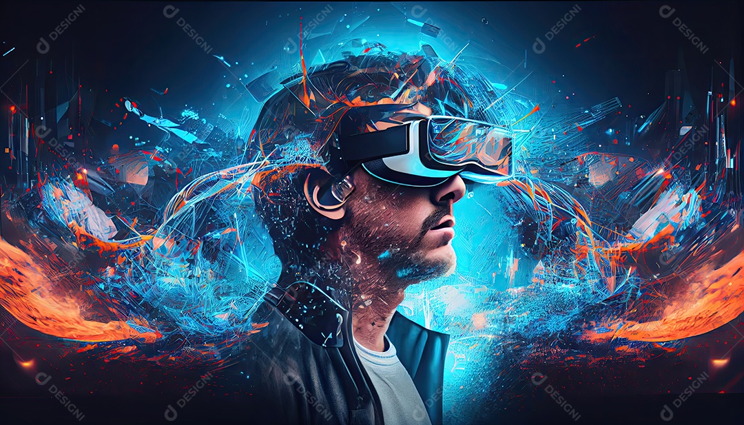 Design de colagem de conceito Metaverso AI com uso de fone de ouvido VR com tecnologia futurista de óculos inteligentes.