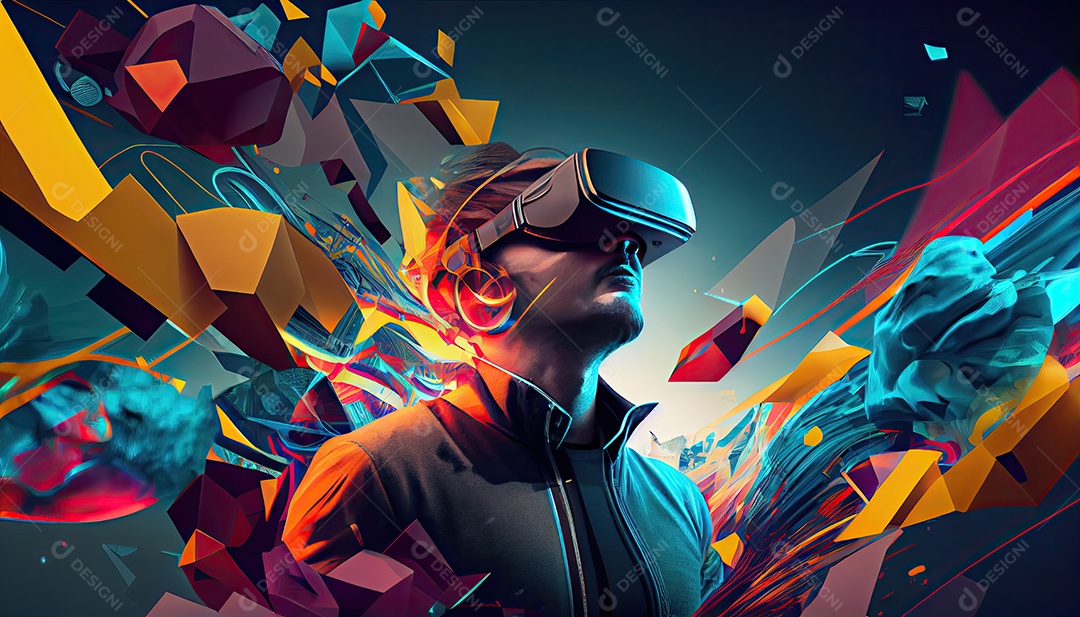 Design de colagem de conceito Metaverso AI com uso de fone de ouvido VR com tecnologia futurista de óculos inteligentes.