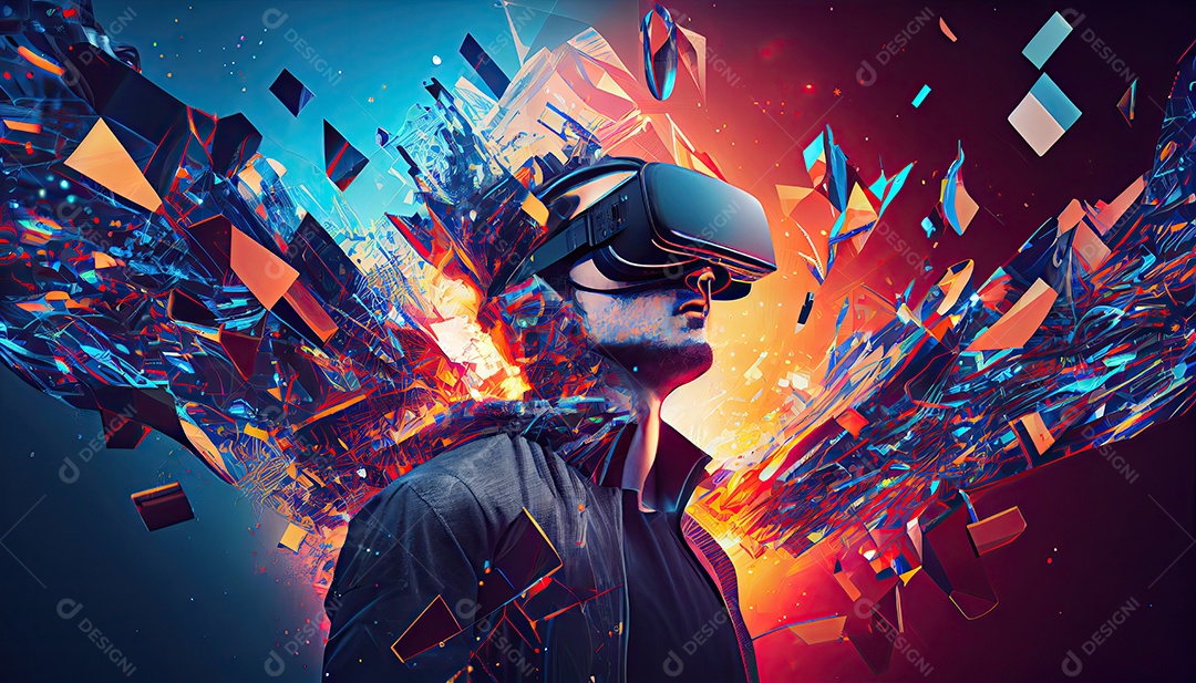 Design de colagem de conceito Metaverso AI com uso de fone de ouvido VR com tecnologia futurista de óculos inteligentes.