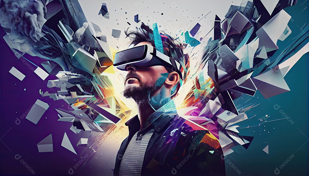 Design de colagem de conceito Metaverso AI com uso de fone de ouvido VR com tecnologia futurista de óculos inteligentes.