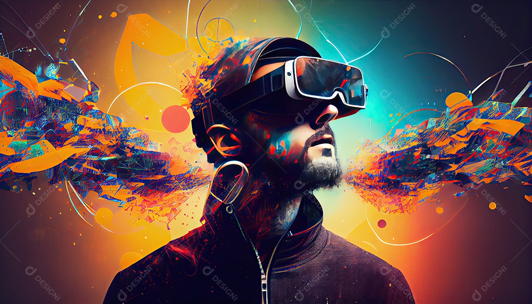 Design de colagem de conceito Metaverso AI com uso de fone de ouvido VR com tecnologia futurista de óculos inteligentes.