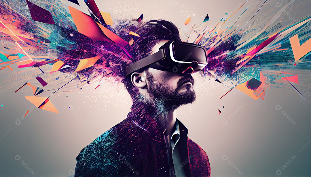 Design de colagem de conceito Metaverso AI com uso de fone de ouvido VR com tecnologia futurista de óculos inteligentes.