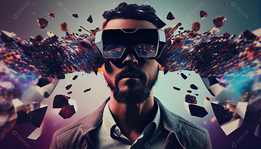 Design de colagem de conceito Metaverso AI com uso de fone de ouvido VR com tecnologia futurista de óculos inteligentes.