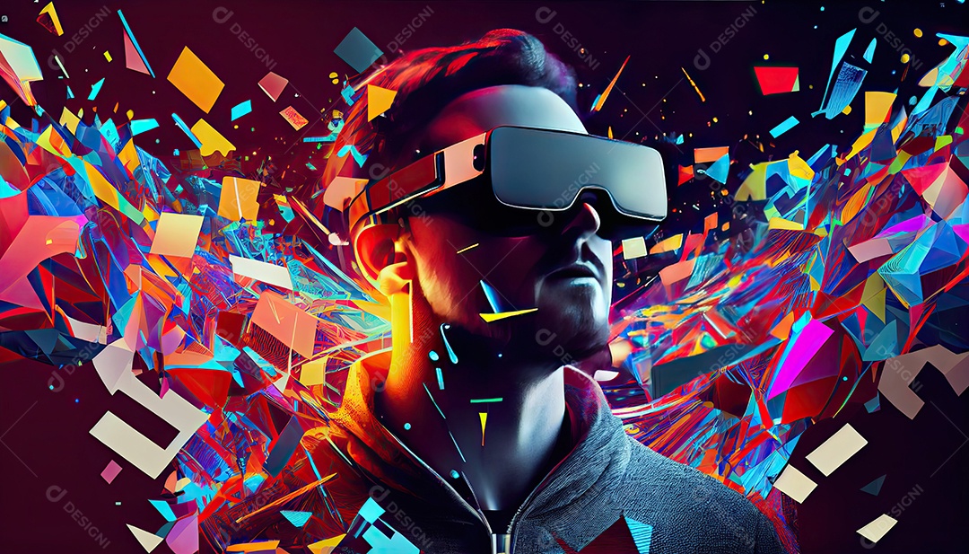 Design de colagem de conceito Metaverso AI com uso de fone de ouvido VR com tecnologia futurista de óculos inteligentes.