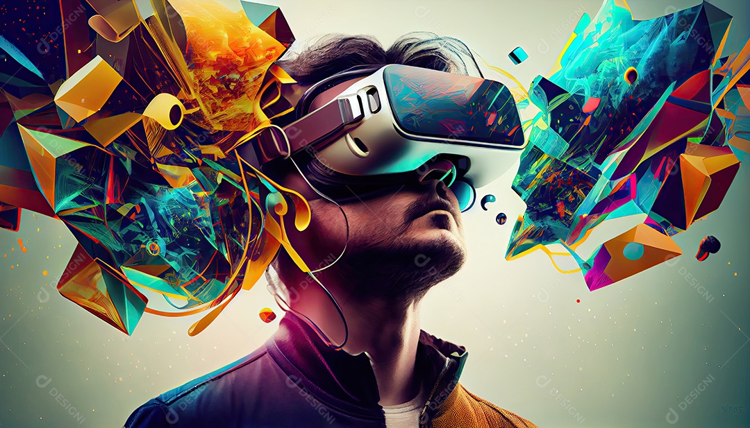 Design de colagem de conceito Metaverso AI com uso de fone de ouvido VR com tecnologia futurista de óculos inteligentes.