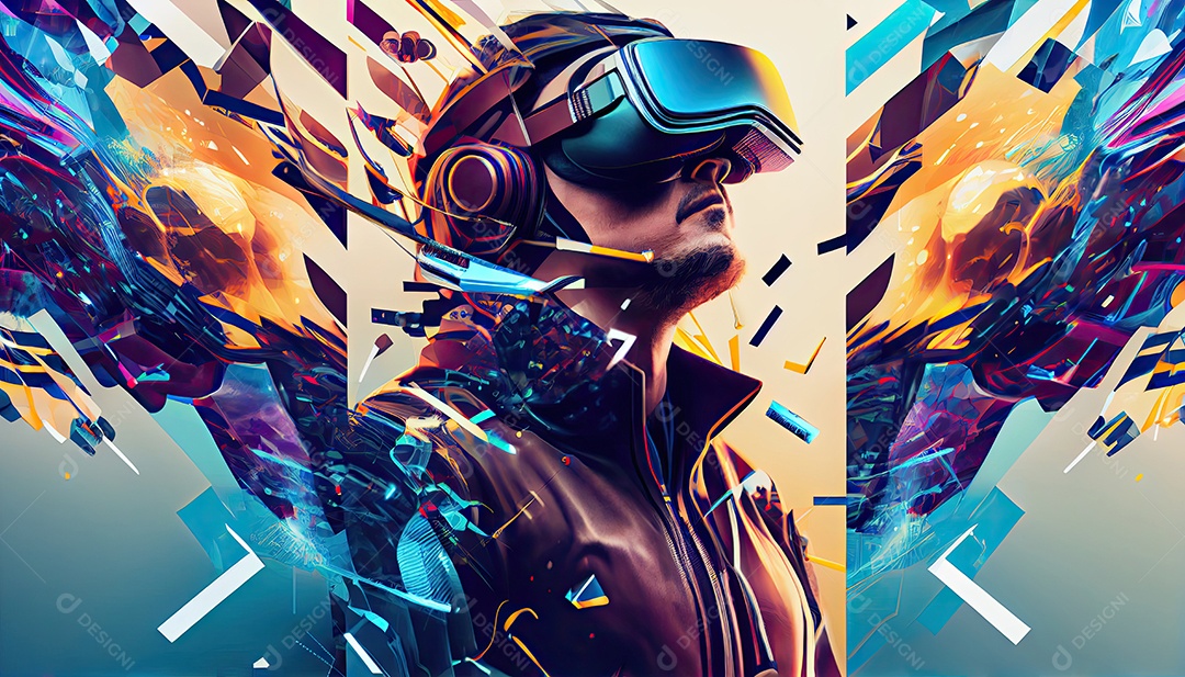 Design de colagem de conceito Metaverso AI com uso de fone de ouvido VR com tecnologia futurista de óculos inteligentes.