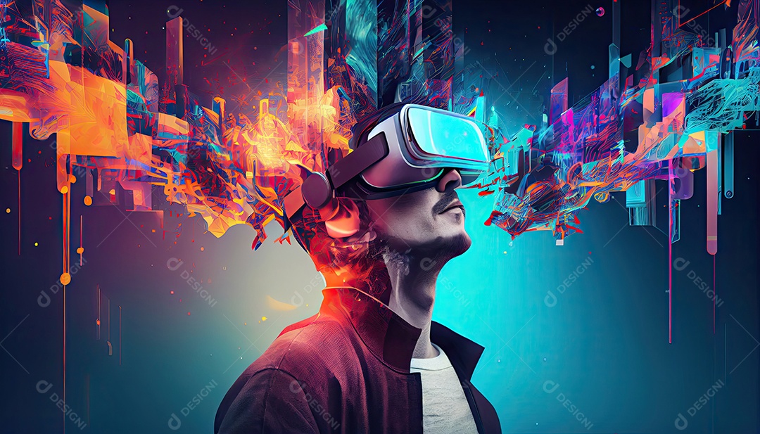 Design de colagem de conceito Metaverso AI com uso de fone de ouvido VR com tecnologia futurista de óculos inteligentes.