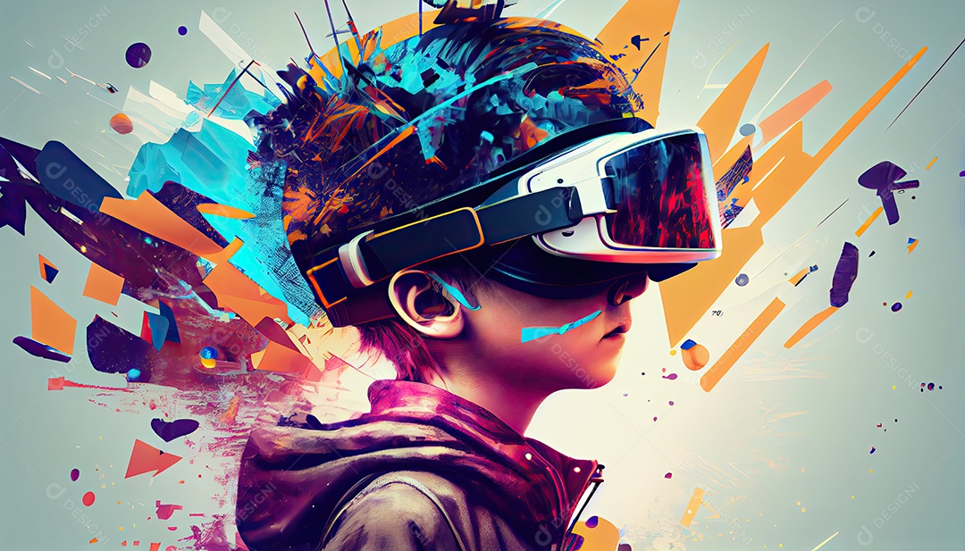 Design de colagem de conceito Metaverso AI com uso de fone de ouvido VR com tecnologia futurista de óculos inteligentes.