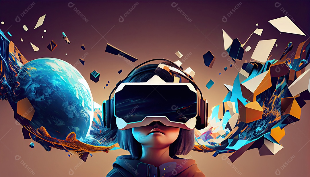 Design de colagem de conceito Metaverso AI com uso de fone de ouvido VR com tecnologia futurista de óculos inteligentes.