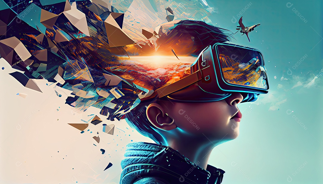 Design de colagem de conceito Metaverso AI com uso de fone de ouvido VR com tecnologia futurista de óculos inteligentes.