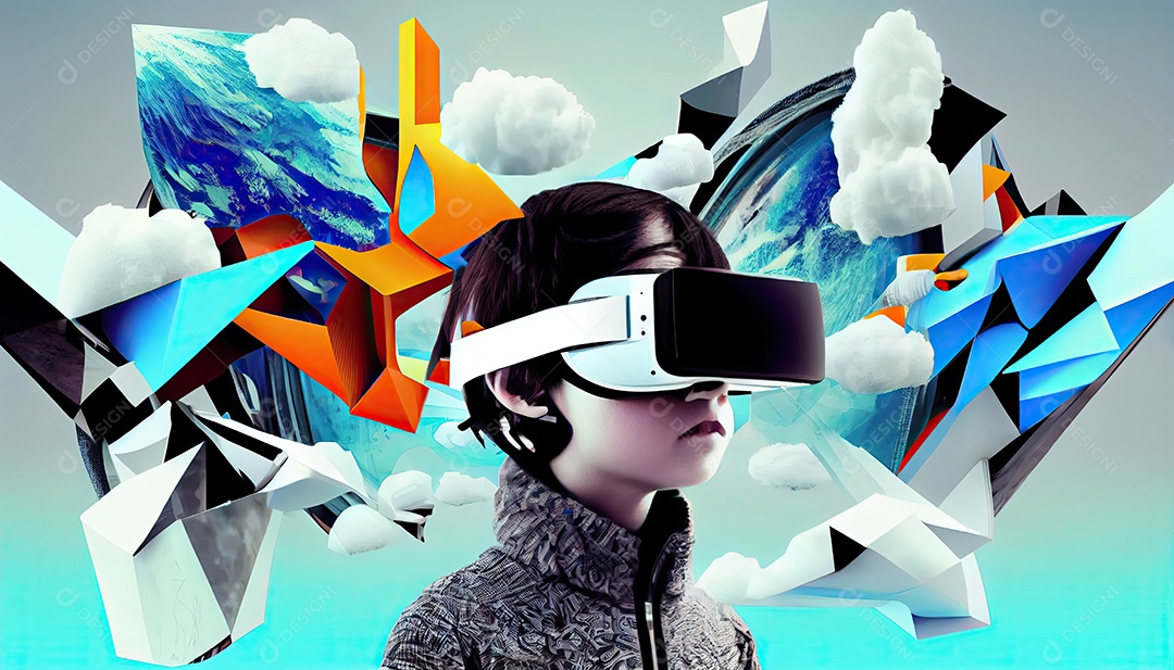 Design de colagem de conceito Metaverso AI com uso de fone de ouvido VR com tecnologia futurista de óculos inteligentes.