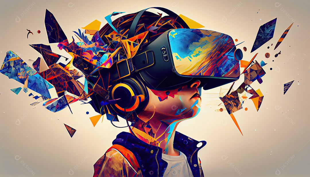 Design de colagem de conceito Metaverso AI com uso de fone de ouvido VR com tecnologia futurista de óculos inteligentes.