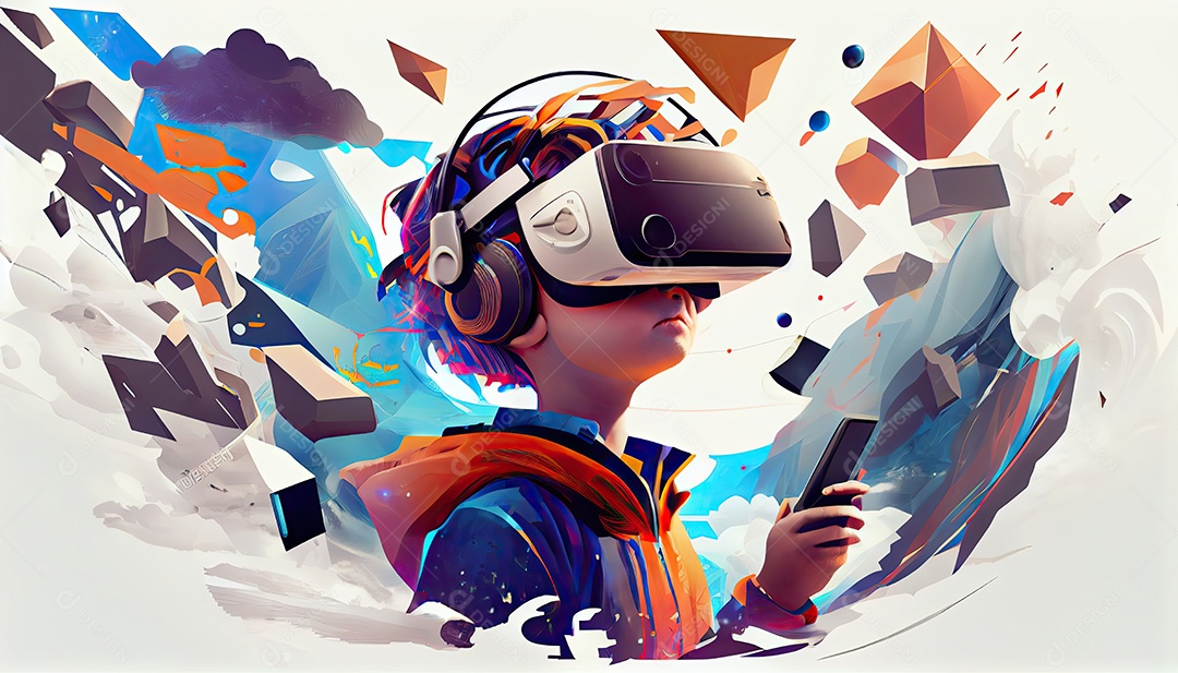 Design de colagem de conceito Metaverso AI com uso de fone de ouvido VR com tecnologia futurista de óculos inteligentes.