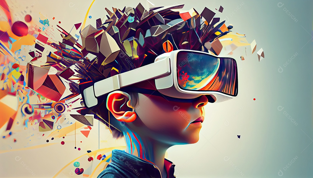 Design de colagem de conceito Metaverso AI com uso de fone de ouvido VR com tecnologia futurista de óculos inteligentes.