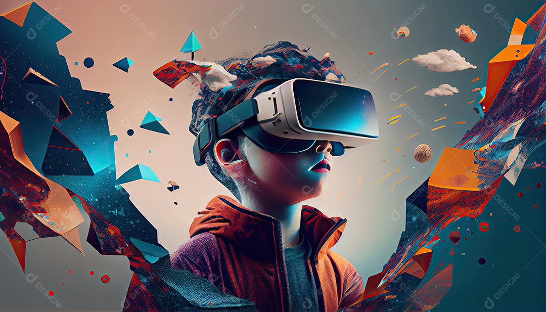 Design de colagem de conceito Metaverso AI com uso de fone de ouvido VR com tecnologia futurista de óculos inteligentes.