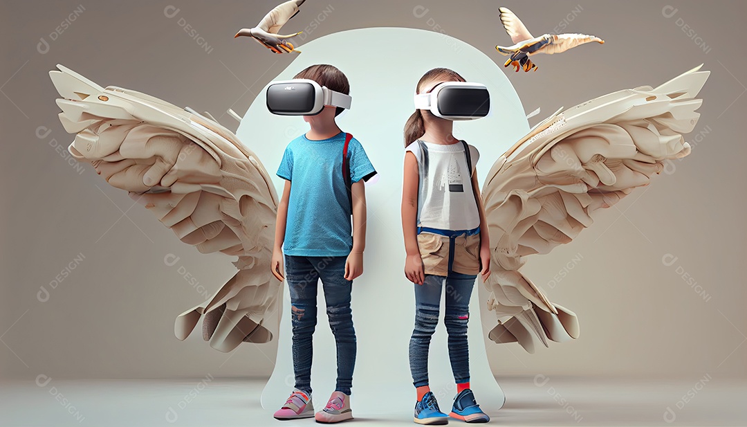Design de colagem de conceito AI Metaverse com uso de fone de ouvido VR com tecnologia futurista de óculos inteligentes.