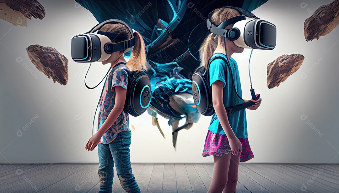 Design de colagem de conceito AI Metaverse com uso de fone de ouvido VR com tecnologia futurista de óculos inteligentes.