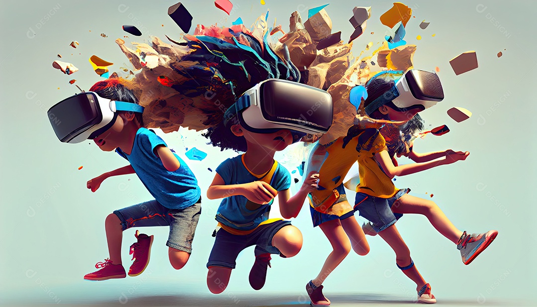 Design de colagem de conceito AI Metaverse com uso de fone de ouvido VR com tecnologia futurista de óculos inteligentes.