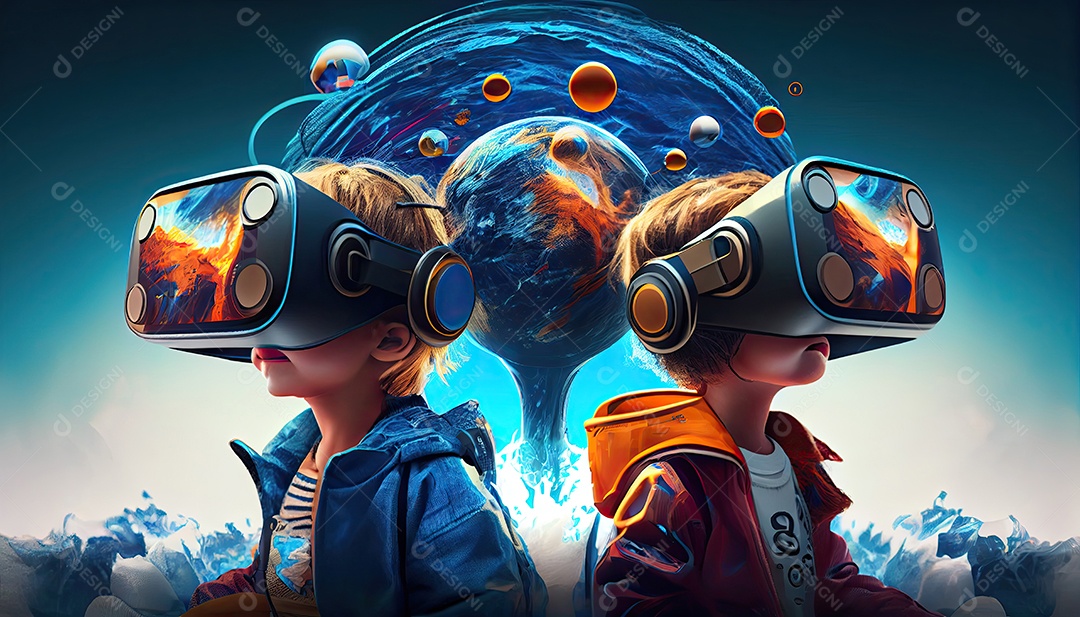 Design de colagem de conceito AI Metaverse com uso de fone de ouvido VR com tecnologia futurista de óculos inteligentes.