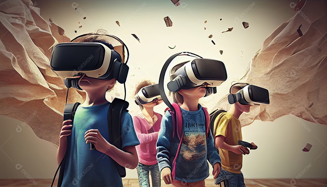 Design de colagem de conceito AI Metaverse com uso de fone de ouvido VR com tecnologia futurista de óculos inteligentes.