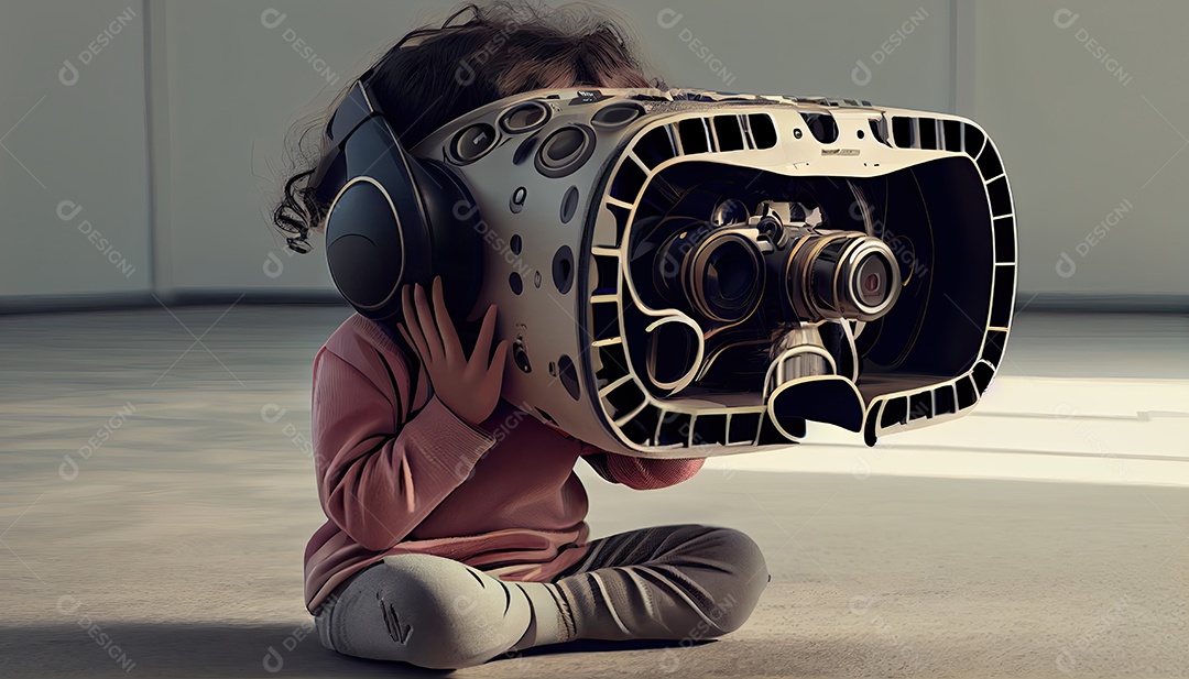 Design de colagem de conceito AI Metaverse com uso de fone de ouvido VR com tecnologia futurista de óculos inteligentes.