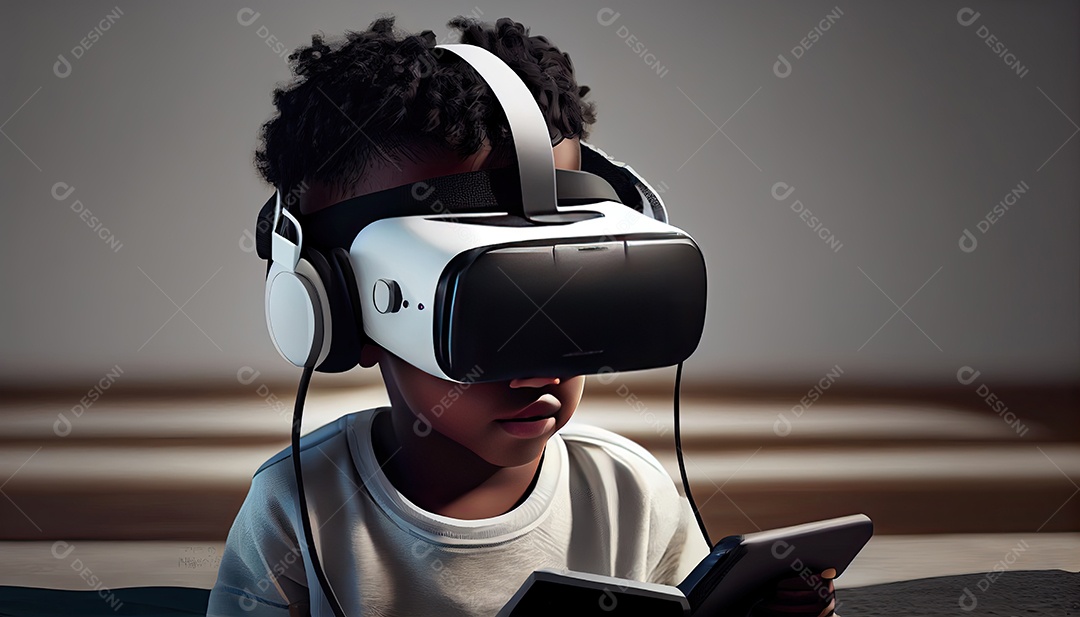 Design de colagem de conceito AI Metaverse com uso de fone de ouvido VR com tecnologia futurista de óculos inteligentes.