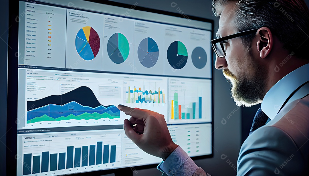 Analista trabalhando no painel de análise de negócios.