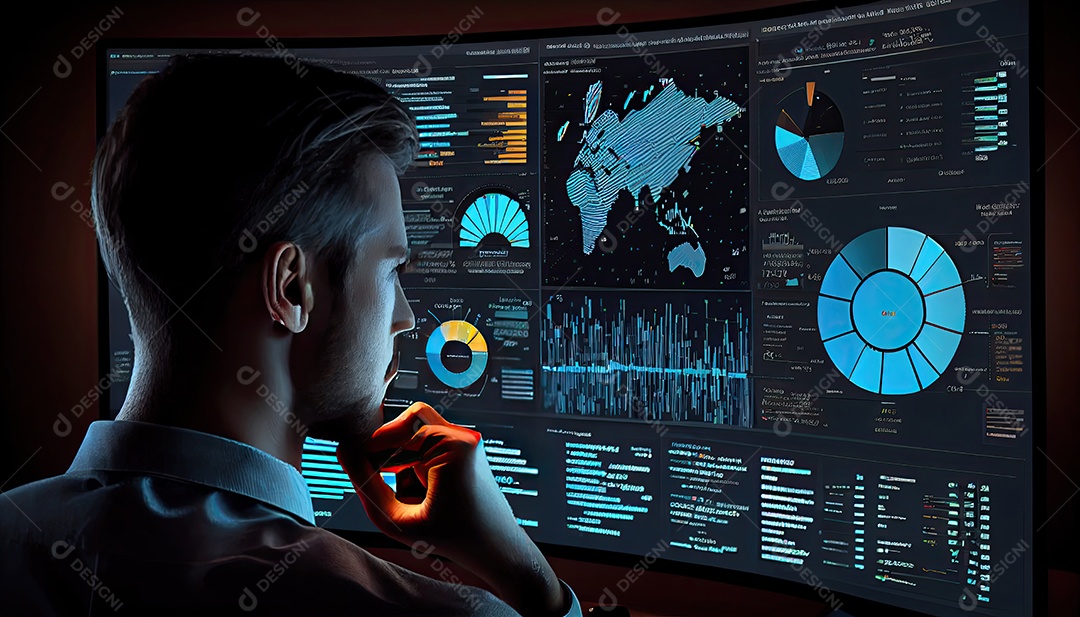 Analista trabalhando no painel de análise de negócios.