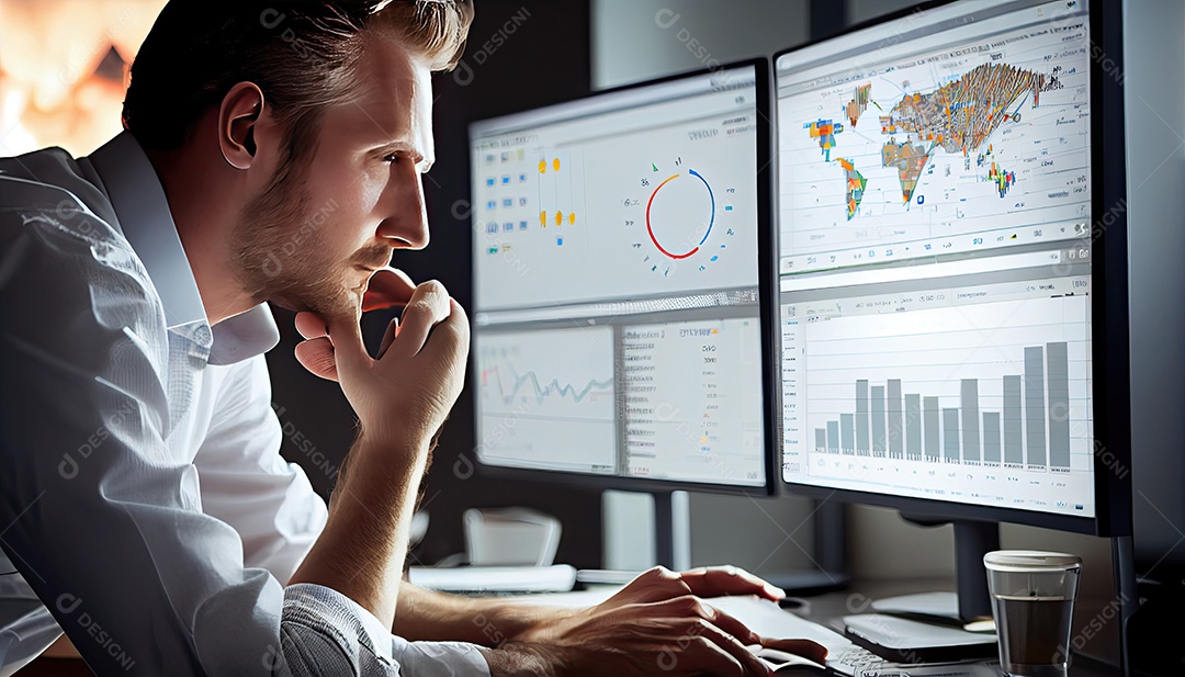 Analista trabalhando no painel de análise de negócios.