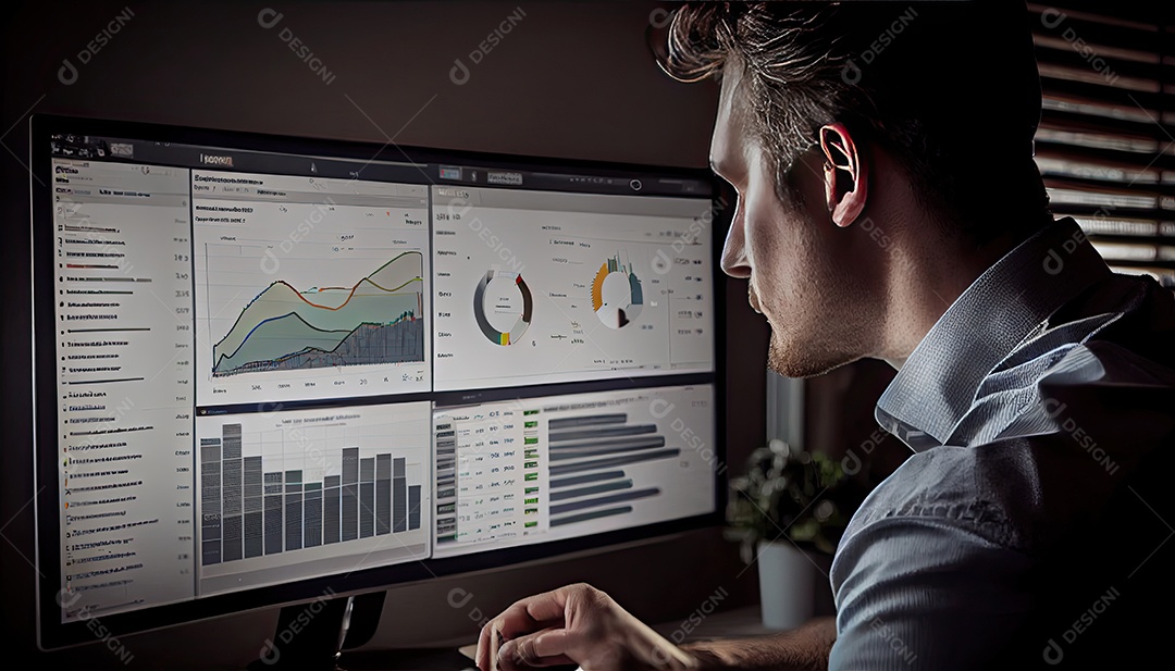 Analista trabalhando no painel de análise de negócios.