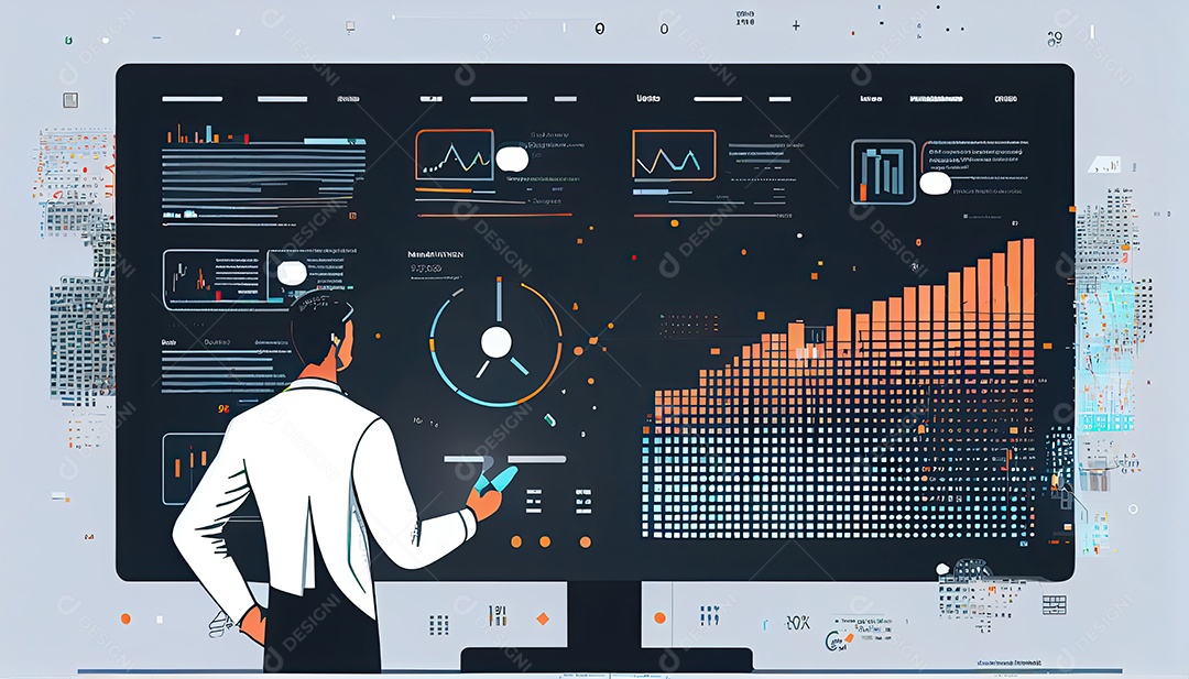 Analista trabalhando no painel de análise de negócios.