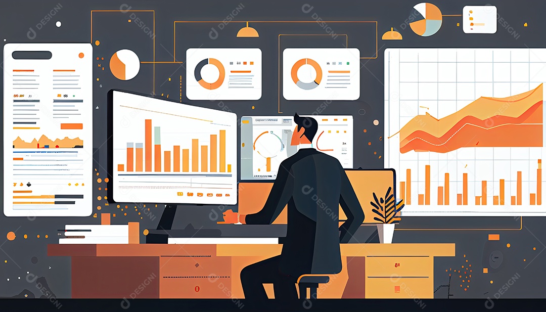 Analista trabalhando no painel de análise de negócios.